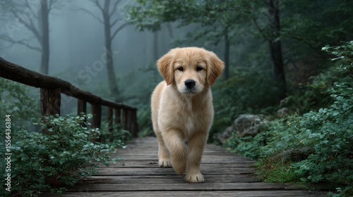 Golden Retriever puppy fluffy running concept. A golden retriever puppy walks along a wooden path in a misty forest scene.