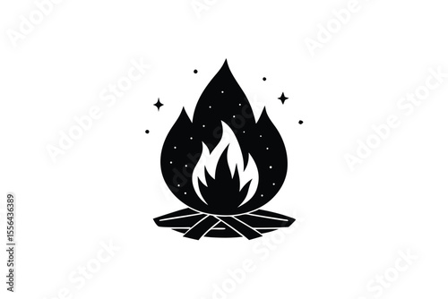 Campfire glow creating warm light in forest vector art illustration