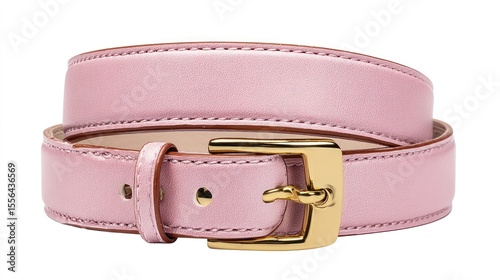 Front view of a women's fashion belt with gold buckle, pastel pink leather, isolated on white