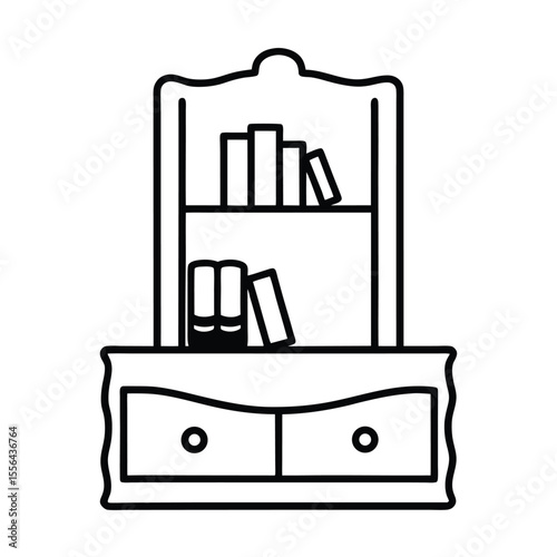 Bookshelf with decorative books and photo frame in line art Vector illustration