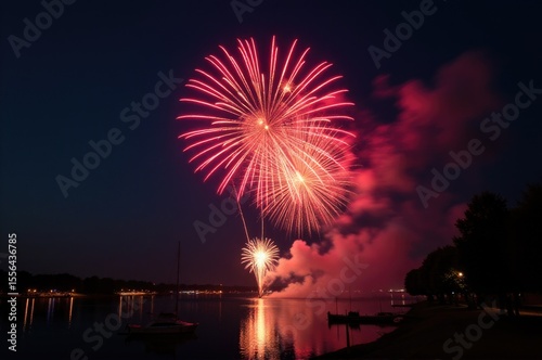 Large fireworks exploding over calm lake surface..New Year 2026.