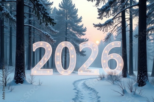 Snowy landscape with a path leading to the year 2016, great for winter or new year's theme..New Year 2026.