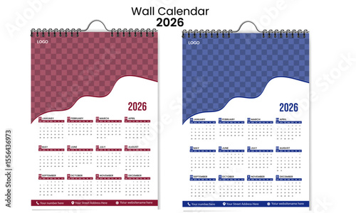 Wall calendar for 2026 year in clean minimal style. Corporate Business design planner template. Week Starts on Sunday. one page calendar. Ready for print.  vector layout, printing.