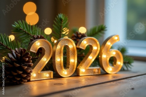 A close-up shot of a wooden table with soft lighting, perfect for use in interior design or photography settings..New Year 2026.