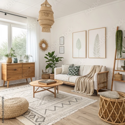 Boho Living Room Plants, Wood Furniture and Woven Accents ,Interior Design ,Bohemian Decor