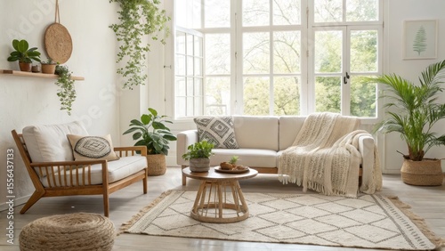 Boho Living Room Decor with White Sofa, Plants and Textured Rug, Interior ,Home decor