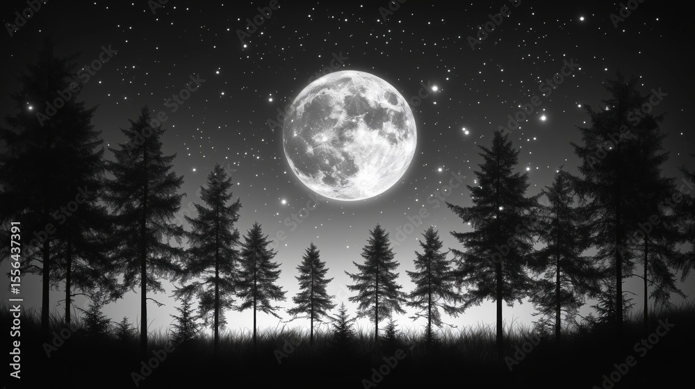 Fototapeta premium Full moon in a starry night sky above a silhouette of pine trees.