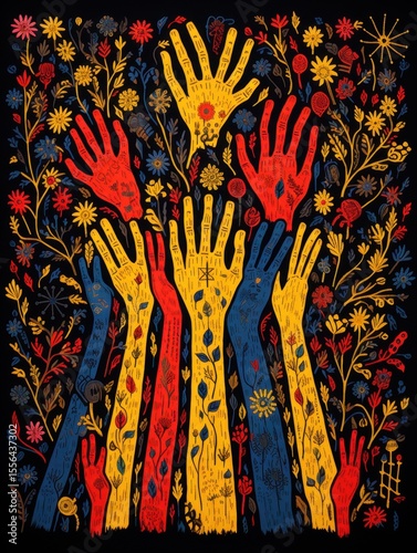 Colorful folk-art style hand print on black background