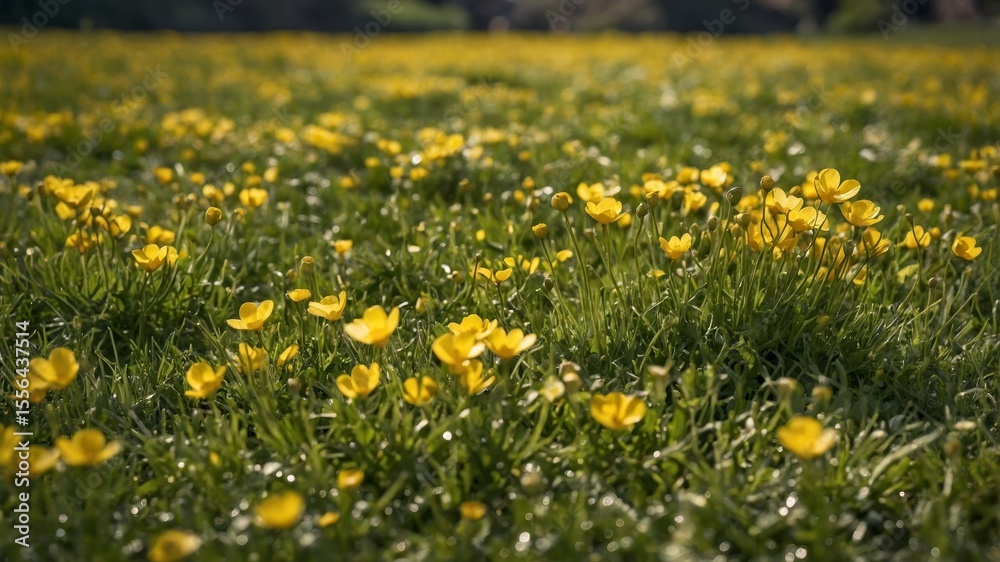 Obraz premium Vibrant Yellow Wildflowers Blooming in a Lush Green Meadow During Daylight