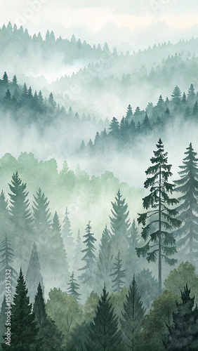 Misty evergreen forest watercolor landscape evergreen trees