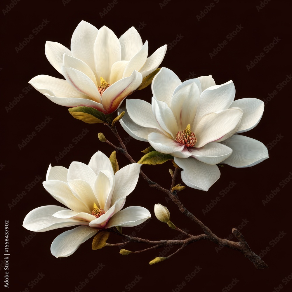 Fototapeta premium Three white magnolia blossoms on a branch against dark background