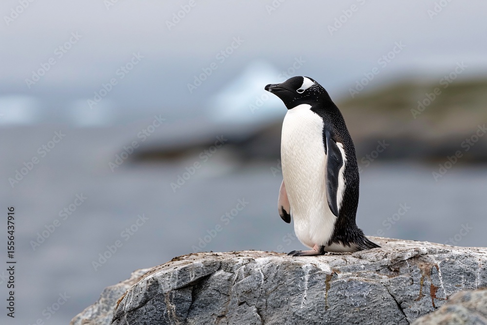 Naklejka premium A solitary penguin stands on a rocky shore, showcasing its vibrant black and white plumage against the ocean.