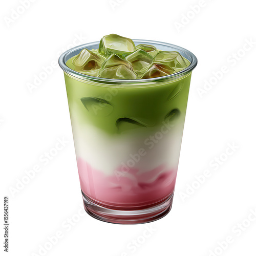 Iced matcha latte with strawberry milk isolated on transparent background