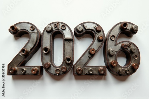 Rusty metal numbers forming a numerical sequence, potentially used in decorative or industrial design..New Year 2026.
