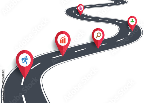 3d winding road on a white isolated background. Road way location infographic template, simple curved road vector illustration.