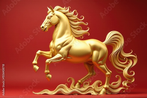 A golden statue of a horse against a bright red backdrop..New Year 2026.
