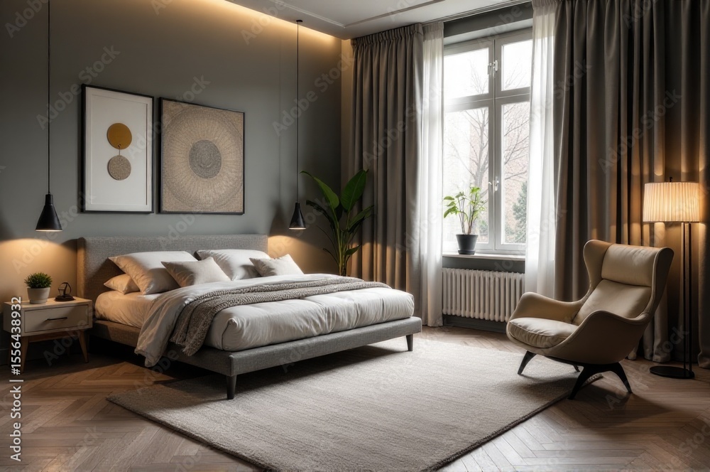 Fototapeta premium Cozy bedroom with a big bed and a comfortable chair, ideal for relaxation..New Year 2026.