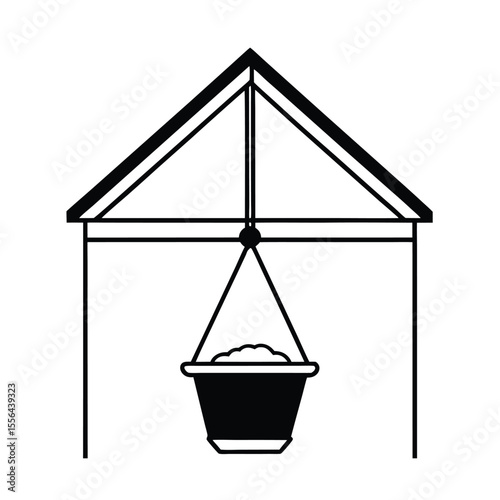 Hanging flower basket under front porch roof in line art Vector illustration