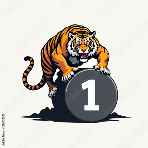 Design a tiger logo, climb a kilometer marker, with the number 1 in the kilometer marker