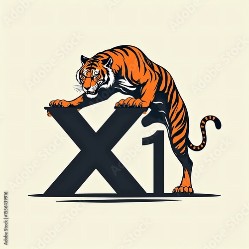 Design a tiger logo, climb a kilometer marker, with the number 1 in the kilometer marker