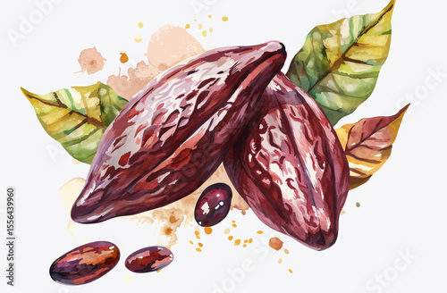 Vector illustration of cacao fruit and leaves on white background 