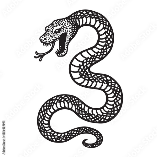 Stylized black and white snake with open mouth and forked tongue coiled against a white background
