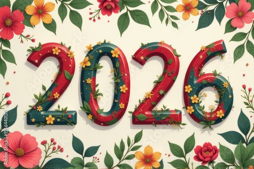 A beautiful arrangement of flowers and leaves forming a unique numerical pattern..New Year 2026.