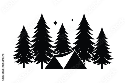 Pine trees surrounding camping area vector art illustration
