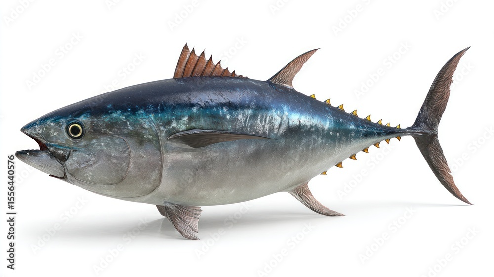 Fototapeta premium High-resolution side profile of a bluefin tuna, showcasing accurate anatomy and proportions, mouth ajar with visible teeth, fins relaxed, on a pure white background, shadowless, 8K detail