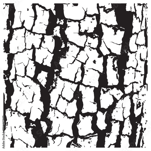 Abstract black and white graphic pattern of cracked textured bark with sharp jagged edges
