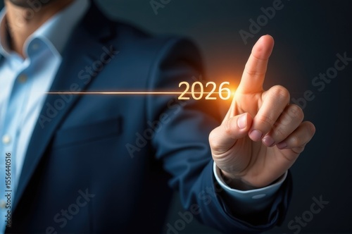 A business professional points to the year 2020 on a calendar or sign, suggesting importance of timely planning and goal setting..New Year 2026.