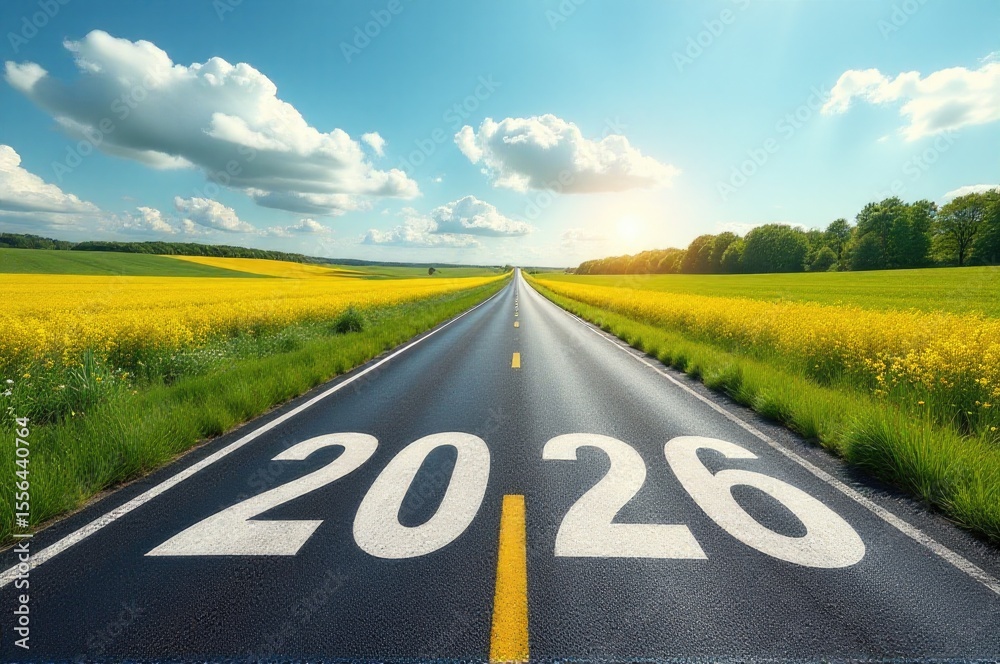 custom made wallpaper toronto digitalA country road with the number plate '20' visible, lined with a vibrant field of yellow flowers..New Year 2026.