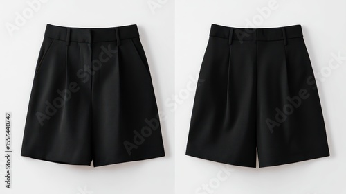 High-rise womenâ€™s tailored shorts, front and back flat lay, black color, belt loops visible, clean white backdrop