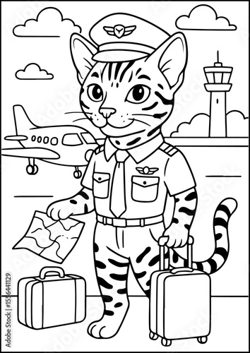 Anthropomorphic Animals, coloring page, This Bengal cat soars the skies and lands with perfect paws.