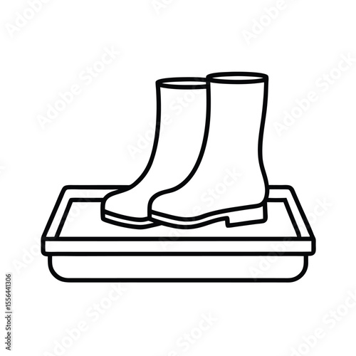 Shoe tray with rubber boots near entryway Vector illustration