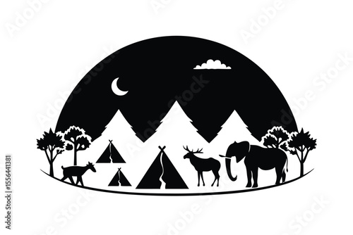 Wildlife near campsite in natural forest vector art illustration