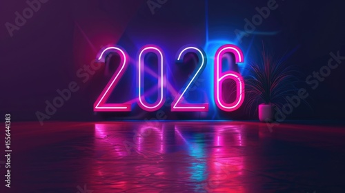 Neon glowing 2026 numbers with vibrant pink purple lights on dark background. New Year celebration banner or invitation concept