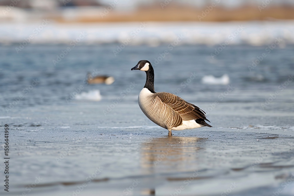 Obraz premium A graceful Canadian goose standing by the calm waters, showcasing its elegant plumage.