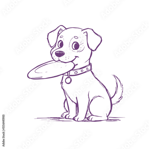 Cartoon dog sitting with a frisbee in its mouth and smiling  