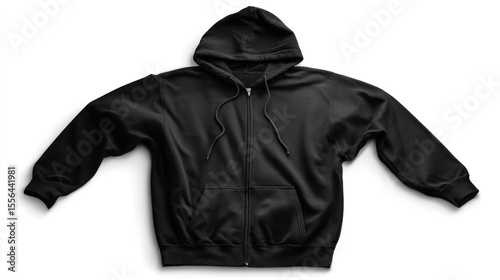 Isolated black hoodie with zipper fully closed, front-facing, wrinkle-free, photographed on a transparent background