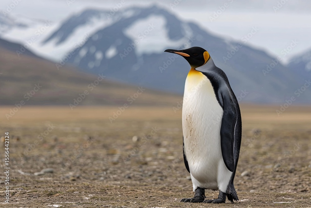 Fototapeta premium A solitary emperor penguin stands proudly against a backdrop of majestic mountains.
