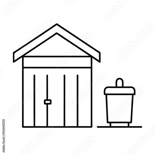 Rain barrel next to tool shed in garden space Vector illustration