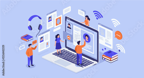 Dynamic online meeting illustration: laptop platform with collaborating figures and digital icons, for communication, teamwork, and learning.