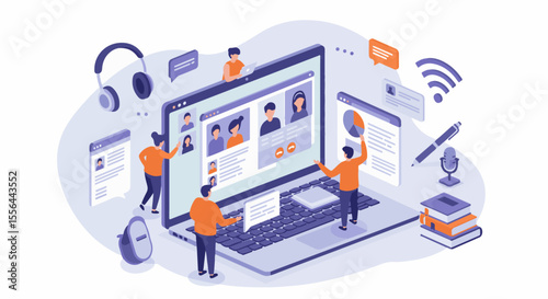 Dynamic online meeting illustration: laptop platform with collaborating figures and digital icons, for communication, teamwork, and learning.