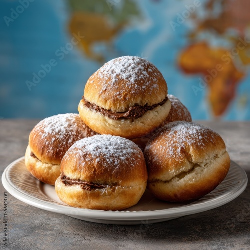 Powdered sugar donuts filled with chocolate cream