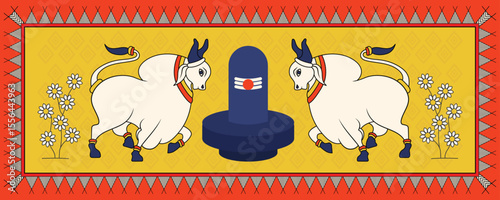 Madhubani Art: Sacred Nandi Bull with Pind Offering - Divine Connection. Madhubani art, Nandi bull, Pind offering, Indian folk art