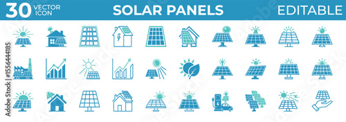 Clean solar panel icons for energy, eco, and power system design


