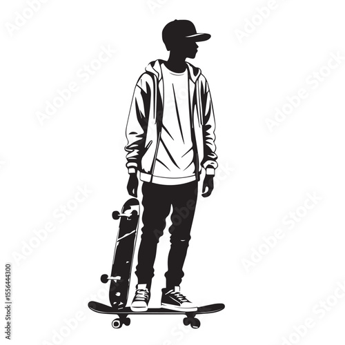 silhouette of a standing teen holding a skateboard 
