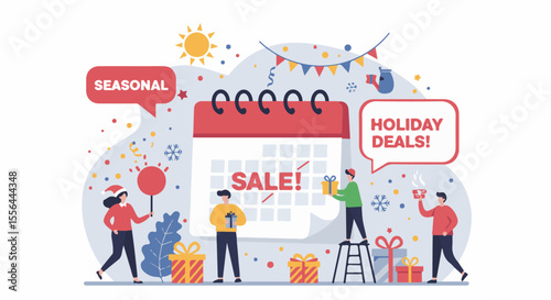 Festive Seasonal Sale and Holiday Deals Promotion. Festive illustration of a "Seasonal Sale" and "Holiday Deals" with a calendar, gifts, and cheerful figures.