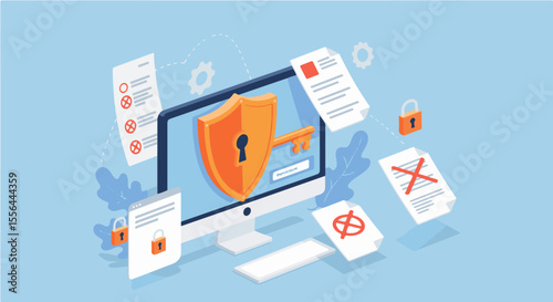 Comprehensive Digital Security and Data Encryption Concept. Isometric illustration of digital security with a shield, key, computer, and secure/compromised files.